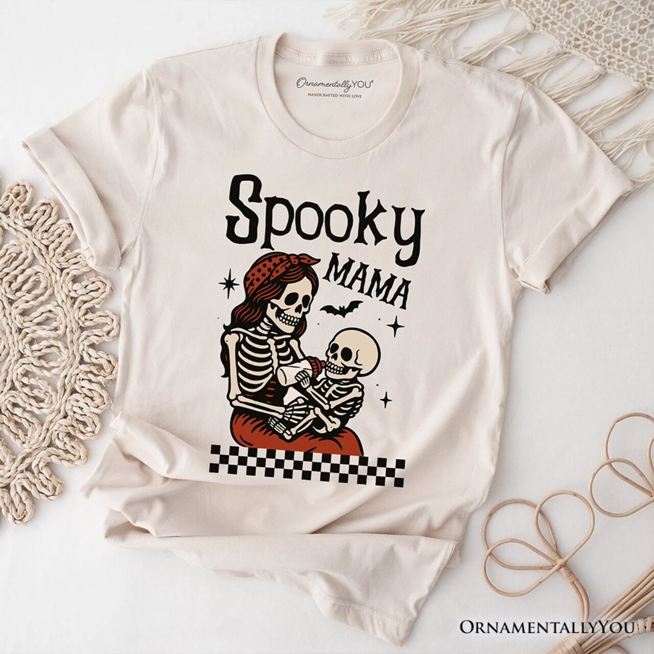 Spooky Mama Skeleton Halloween T-Shirt, Momster Retro Checkered Tee With Boo Vibes